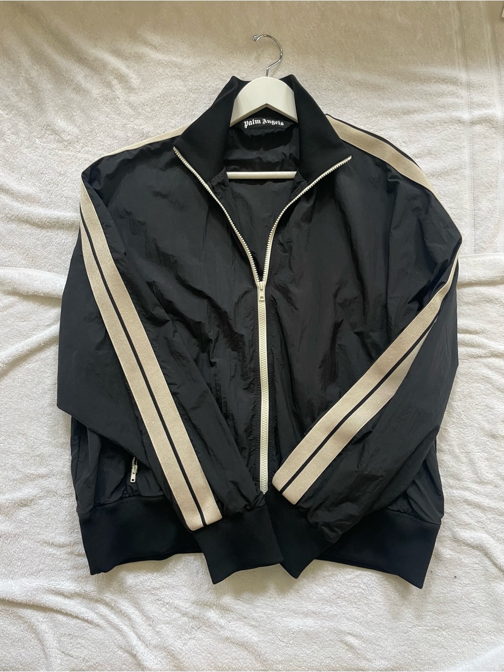 Palm Angels Black Zip-Front Track Jacket with Cream Stripes